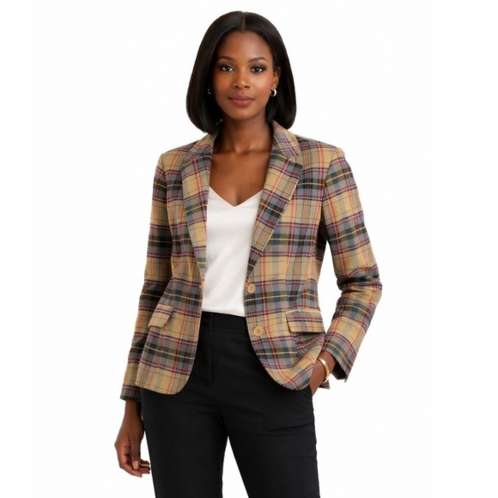 7th Ave Design Studio New York &‎ Co Plaid Blazer Pink Tan Grey 10 Preppy 65-16